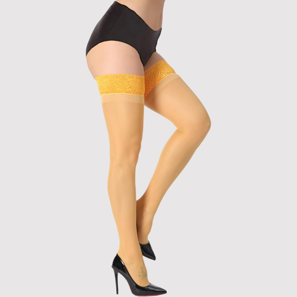  High Stockings Silicone Lace Top Stay Up Silky Semi Sheer Pantyhose 