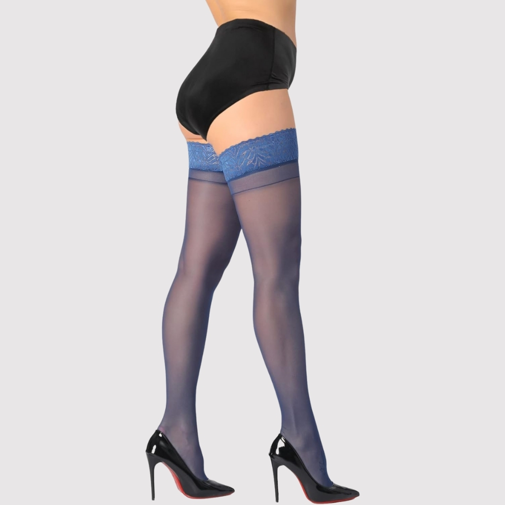  High Stockings Silicone Lace Top Stay Up Silky Semi Sheer Pantyhose 