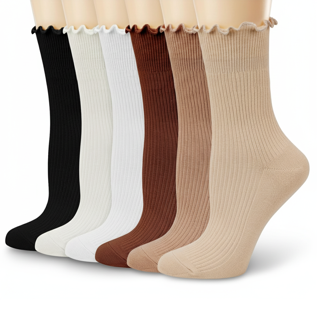 Pack of 6 Women Ruffle Turn Cuff Casual Cool Knit Cotton Lettuce Ankle Crew Socks