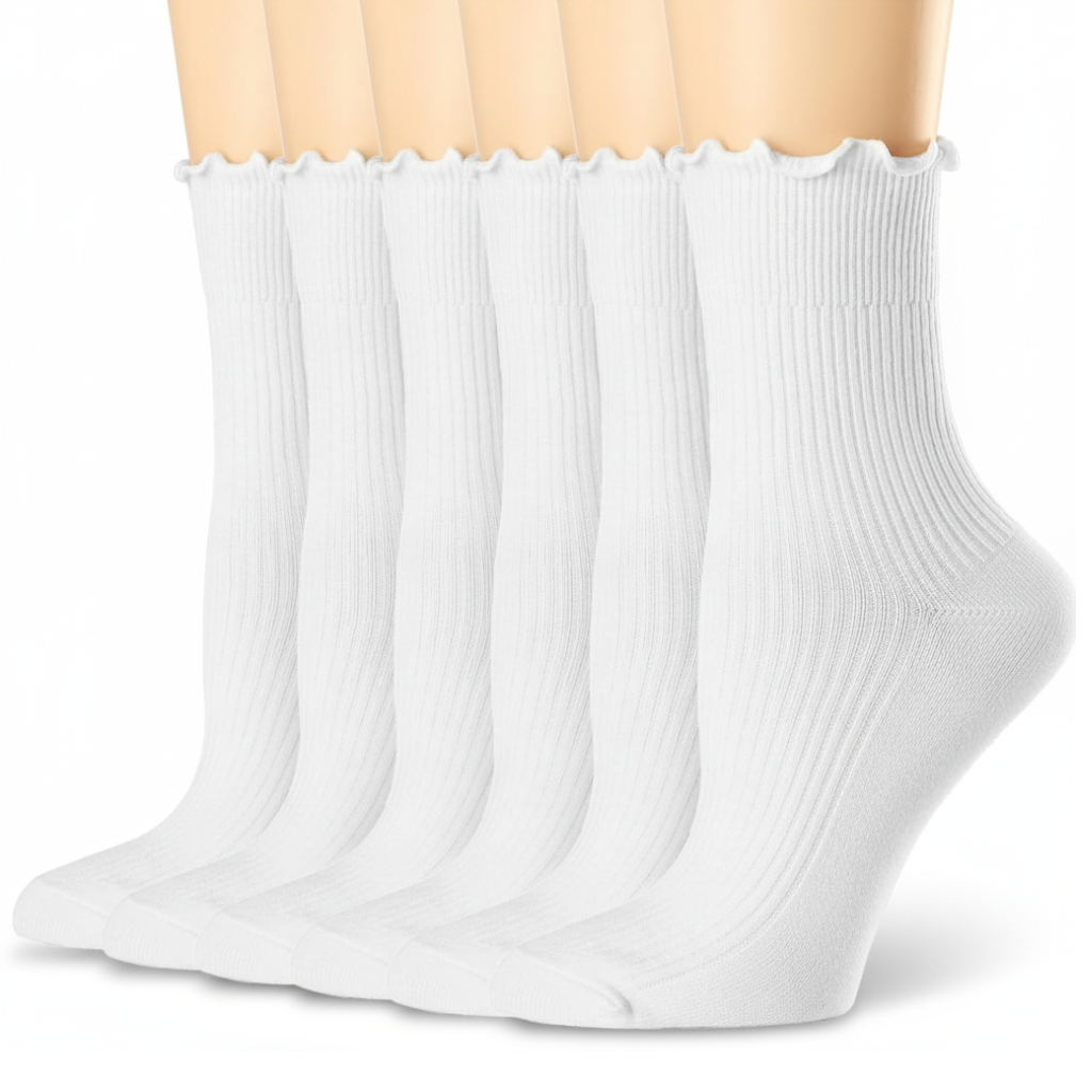 Pack of 6 Women Ruffle Turn Cuff Casual Cool Knit Cotton Lettuce Ankle Crew Socks