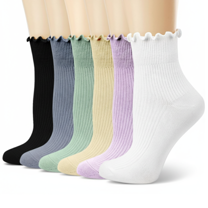 Pack of 6 Women Casual Cute Ankle Breathable Knit Cotton Soft Crew Ruffle Socks