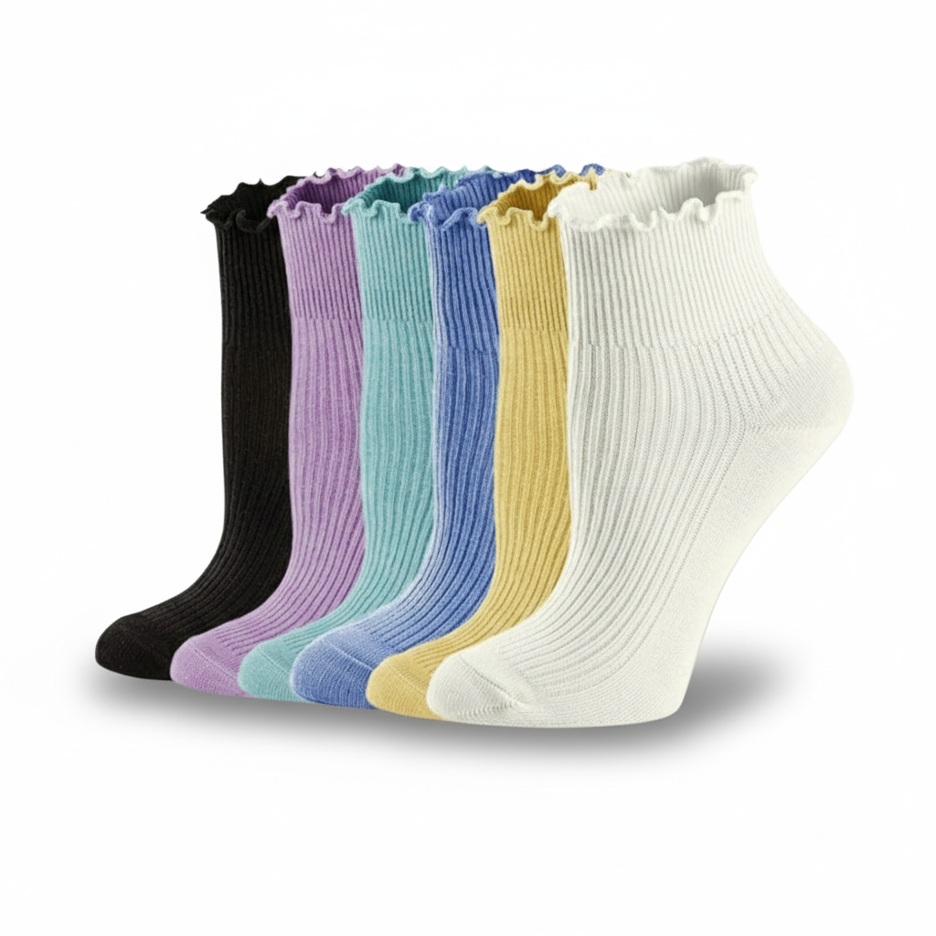 6 Pairs Of Ruffle Lettuce Crew Frilly Design Socks 