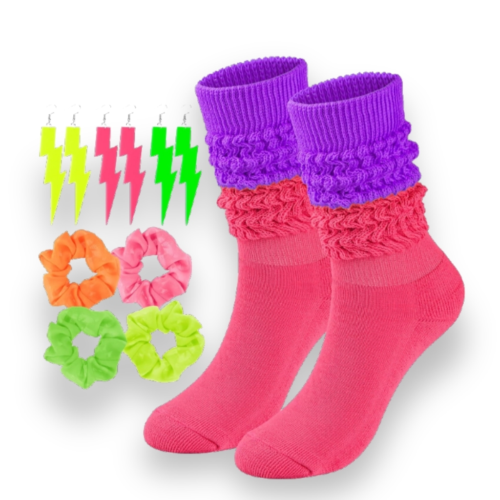 Scrunch High Socks Set With Neon Earrings And Scrunchies