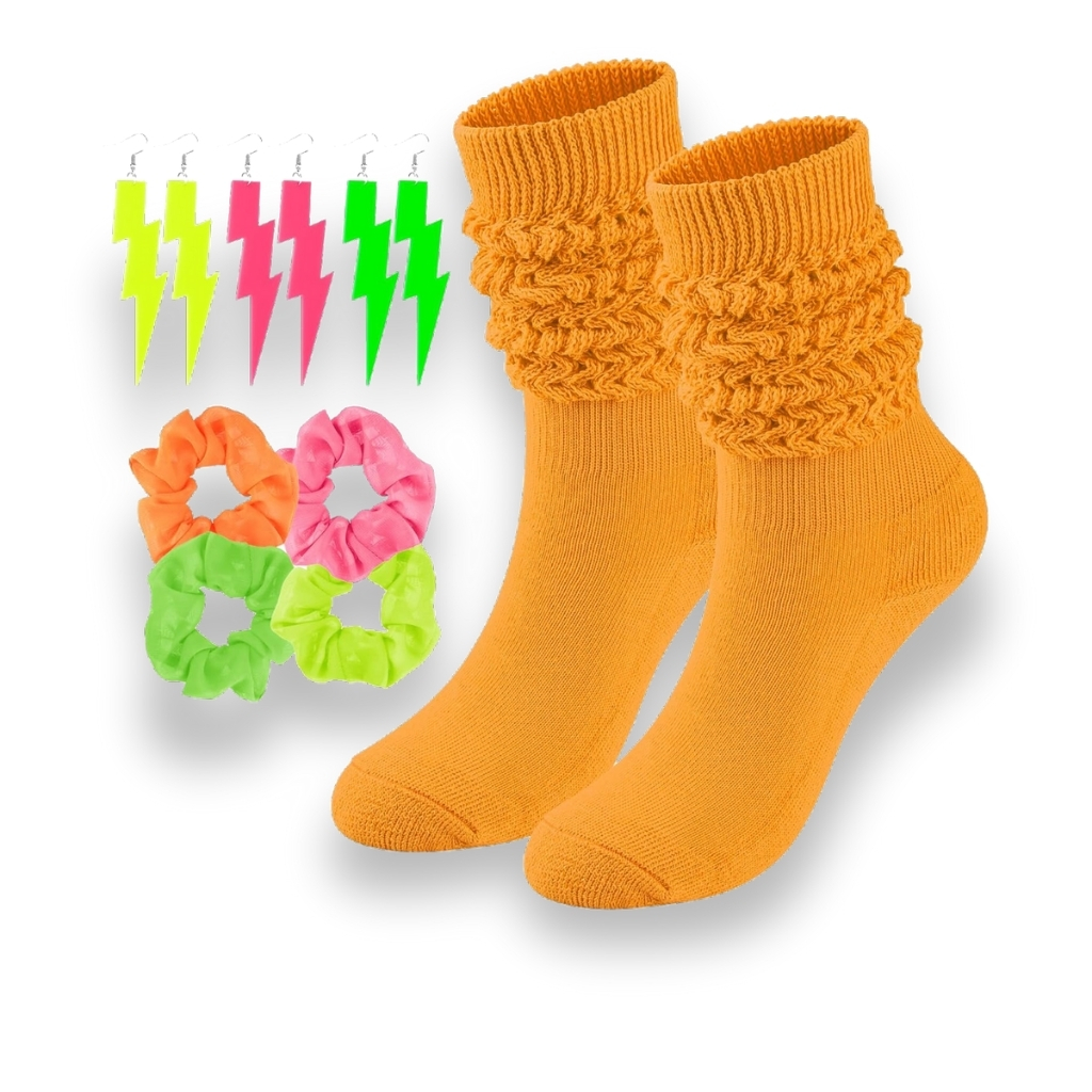 Scrunch High Socks With Neon Earrings and Scrunchies For 80s 90s Party