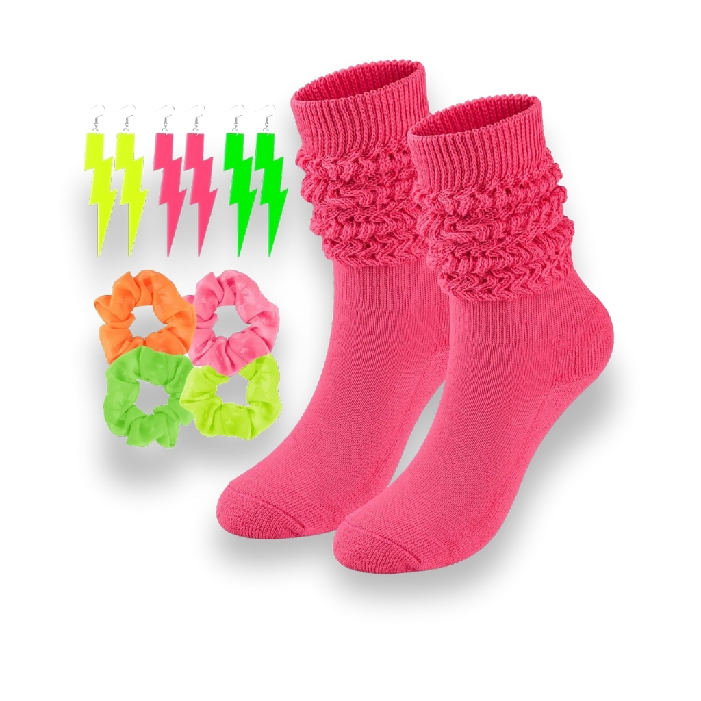 Scrunch High Socks With Neon Earrings and Scrunchies For 80s 90s Party