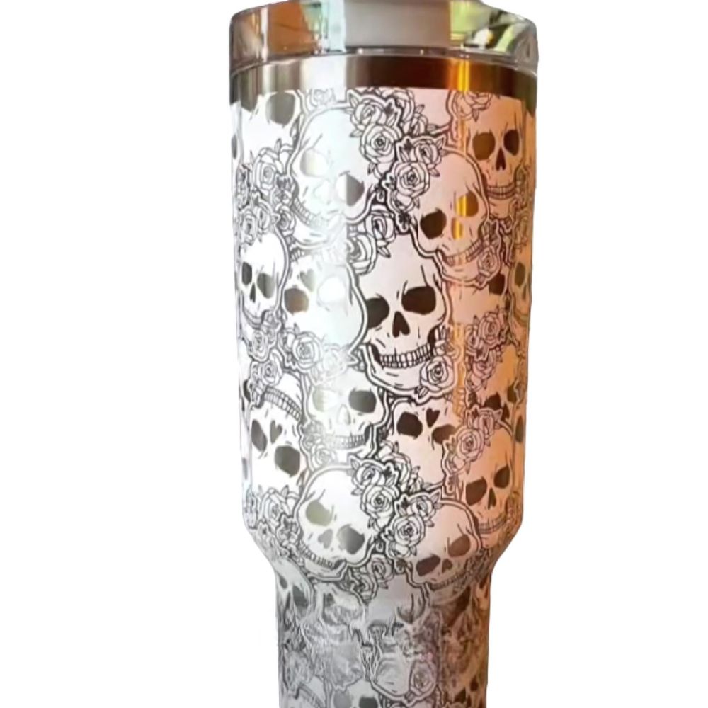 Skull And Roses Tumbler With Handle And Spill Proof Lid-USA Camp Zone