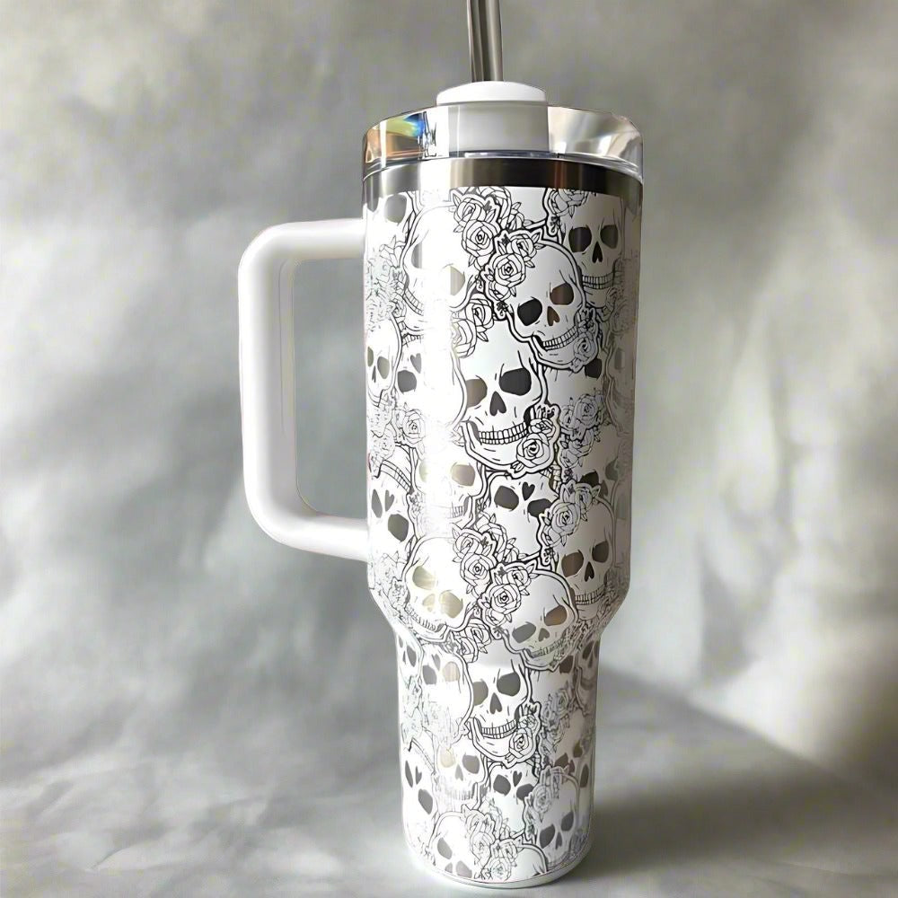 Skull And Roses Tumbler With Handle And Spill Proof Lid
