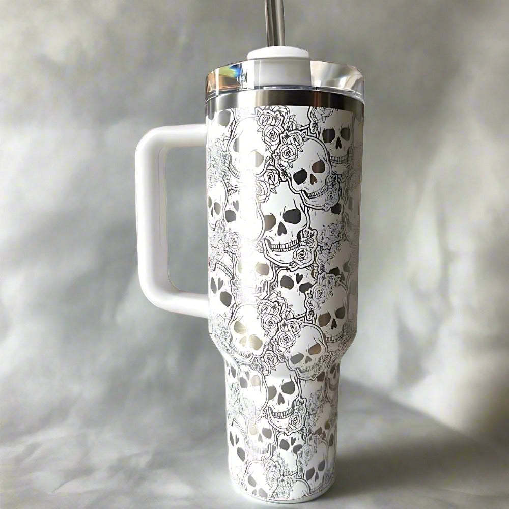 Skull And Roses Tumbler With Handle And Spill Proof Lid-USA Camp Zone