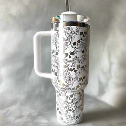 Skull And Roses Tumbler With Handle And Spill Proof Lid-USA Camp Zone