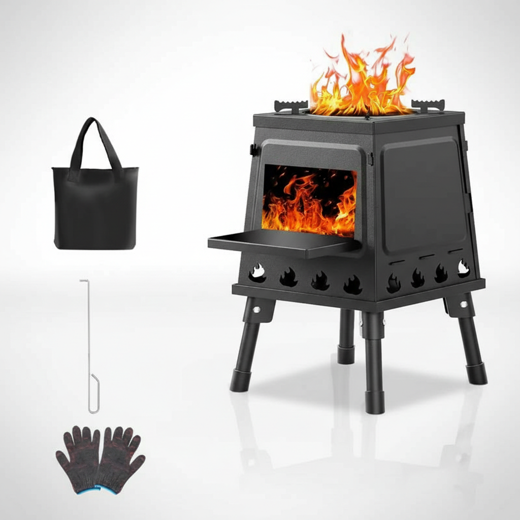 Wood Burning Camp Stove, Portable Cast Iron Wood Stove for Outdoor Hiking Picnic BBQ Travel, Black Camping Kitchenware Woodfire Grill