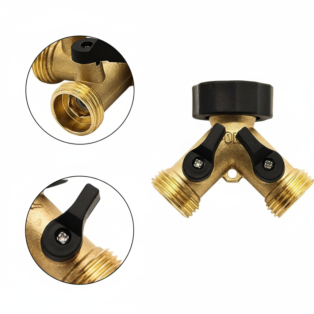 Heavy Duty Brass Garden Hose Y Splitter With 2 Valves And Washers