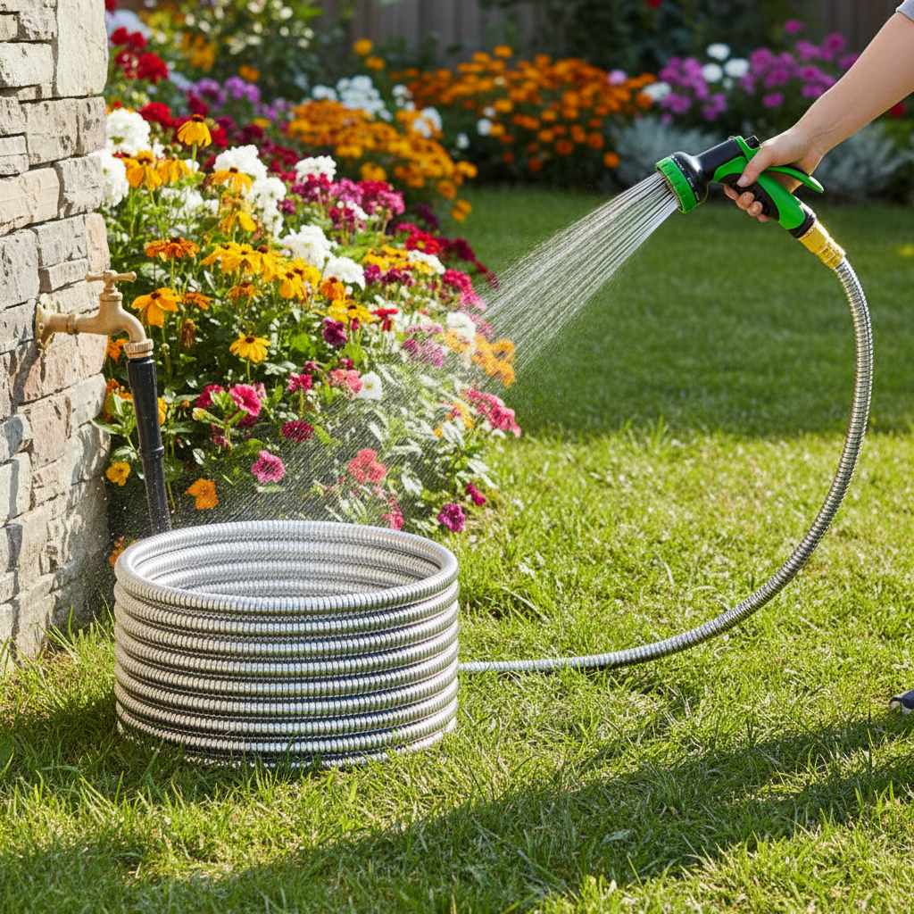 Ultra Lightweight Stainless Steel Garden Hose With Multifunction Nozzle And Sprayer