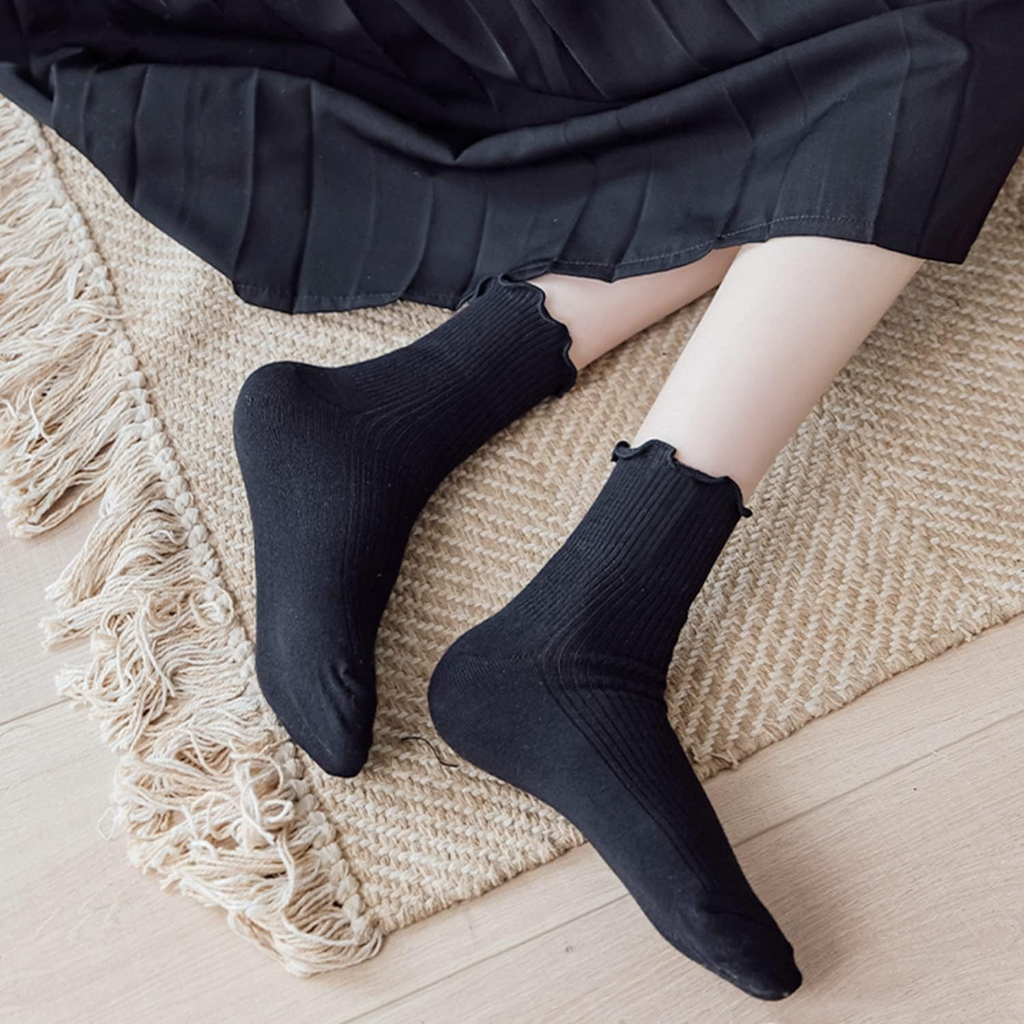Pack of 6 Women Ruffle Turn Cuff Casual Cool Knit Cotton Lettuce Ankle Crew Socks