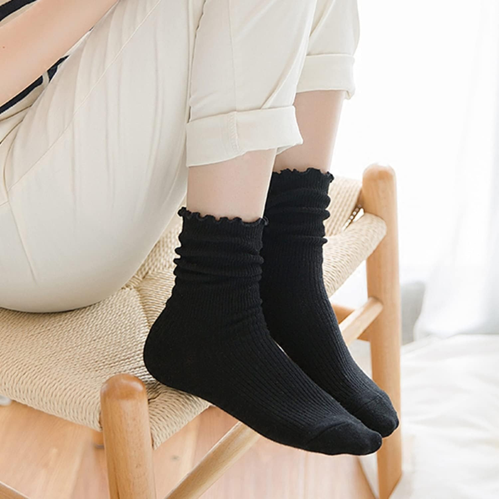 Pack of 6 Women Ruffle Turn Cuff Casual Cool Knit Cotton Lettuce Ankle Crew Socks