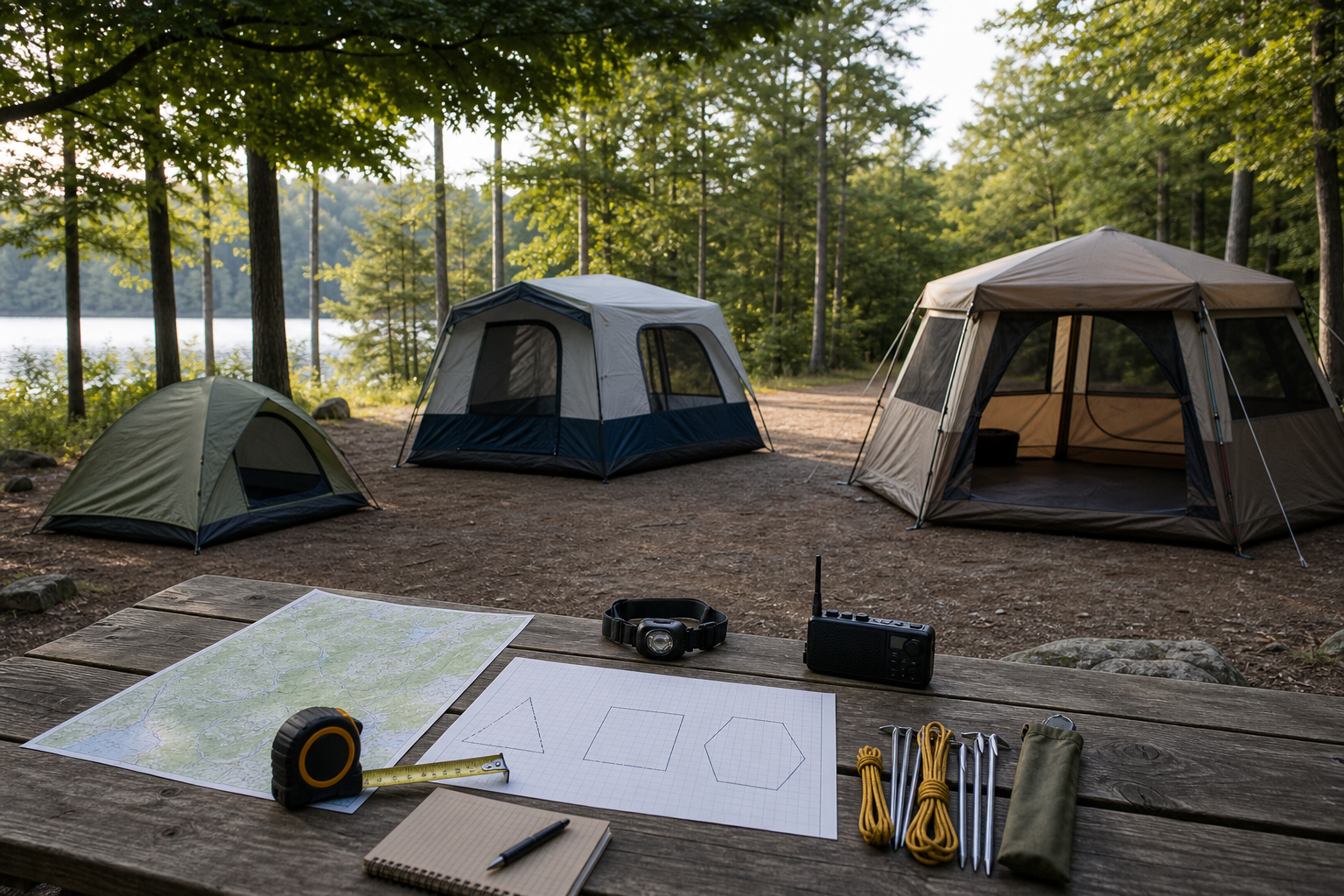 Three original unbranded tent footprints at a designated campsite beside a map, measuring tape, weather radio, stakes and guylines