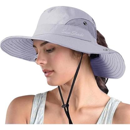 Wide Brim Sun Hat With Ponytail Opening And Adjustable Fit - USA Fish Bait