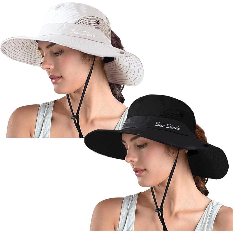 Packable Wide Brim Sun Hat With Adjustable Fit And Ponytail Opening - USA Fish Bait