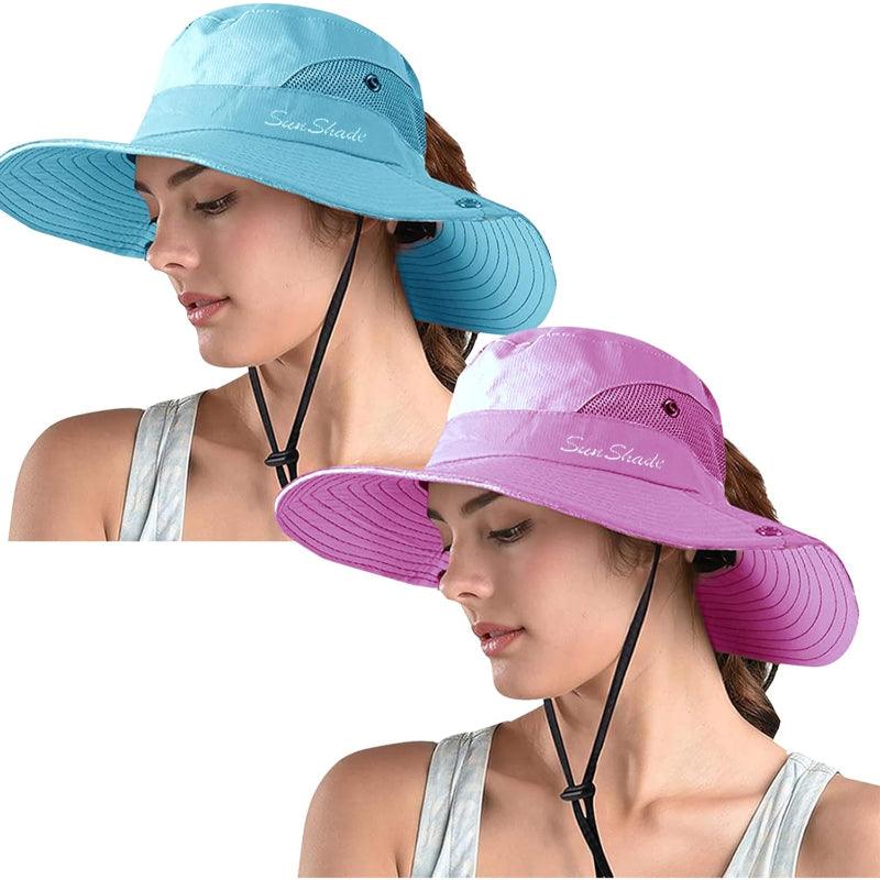 Packable Wide Brim Sun Hat With Adjustable Fit And Ponytail Opening - USA Fish Bait