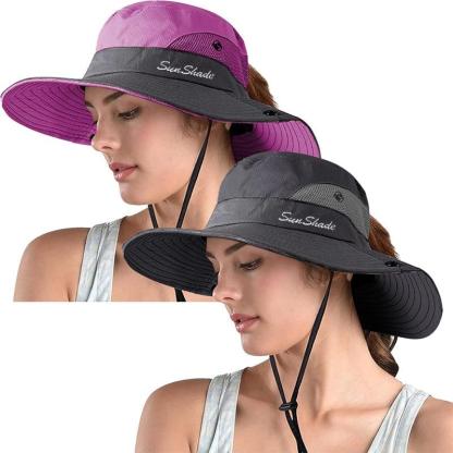 Packable Wide Brim Sun Hat With Adjustable Fit And Ponytail Opening - USA Fish Bait