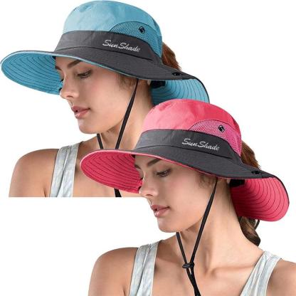 Packable Wide Brim Sun Hat With Adjustable Fit And Ponytail Opening - USA Fish Bait