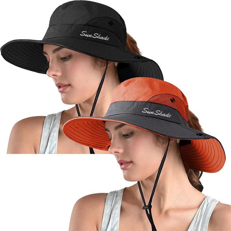 Packable Wide Brim Sun Hat With Adjustable Fit And Ponytail Opening - USA Fish Bait