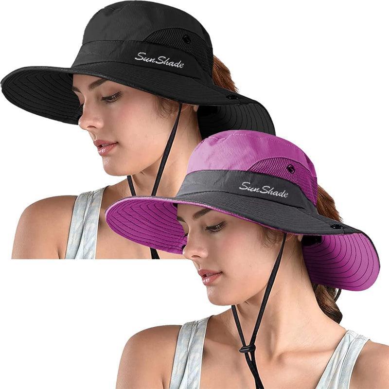 Packable Wide Brim Sun Hat With Adjustable Fit And Ponytail Opening - USA Fish Bait