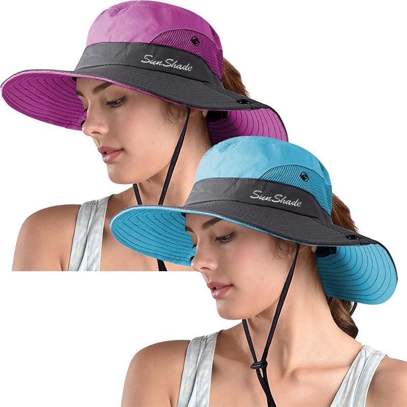 Packable Wide Brim Sun Hat With Adjustable Fit And Ponytail Opening - USA Fish Bait