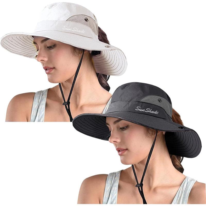 Packable Wide Brim Sun Hat With Adjustable Fit And Ponytail Opening - USA Fish Bait