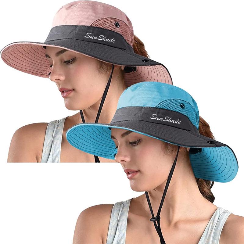 Packable Wide Brim Sun Hat With Adjustable Fit And Ponytail Opening - USA Fish Bait
