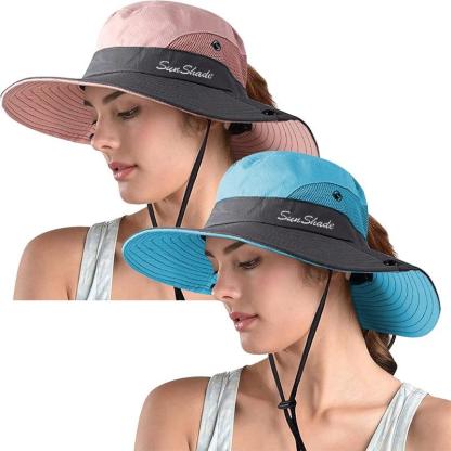 Packable Wide Brim Sun Hat With Adjustable Fit And Ponytail Opening - USA Fish Bait