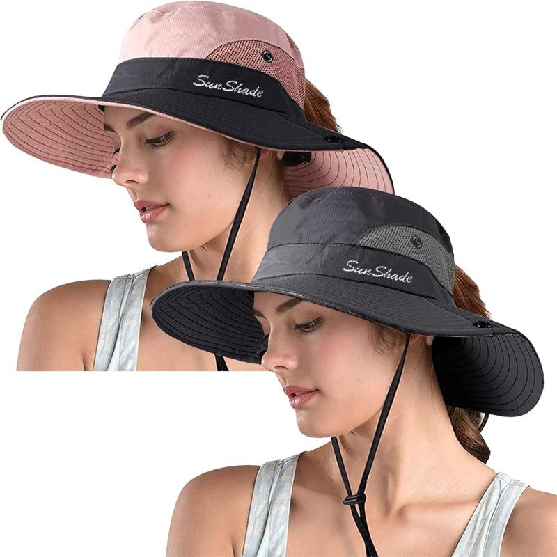 Packable Wide Brim Sun Hat With Adjustable Fit And Ponytail Opening - USA Fish Bait