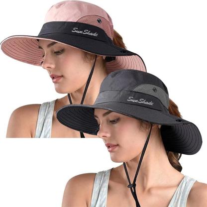 Packable Wide Brim Sun Hat With Adjustable Fit And Ponytail Opening - USA Fish Bait