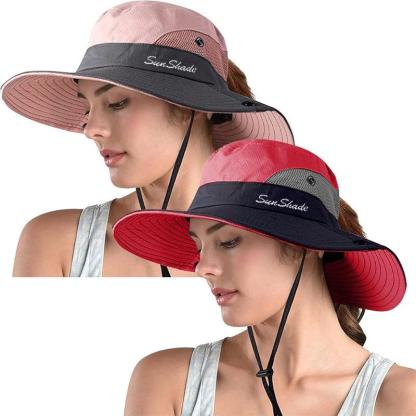 Packable Wide Brim Sun Hat With Adjustable Fit And Ponytail Opening - USA Fish Bait