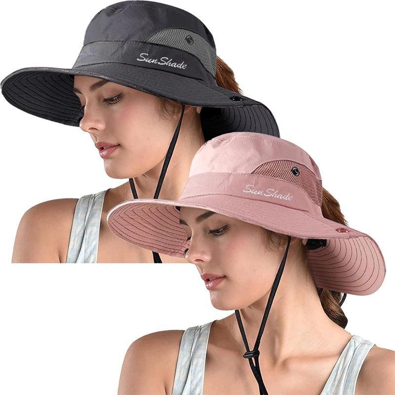 Packable Wide Brim Sun Hat With Adjustable Fit And Ponytail Opening-USA Fish Bait
