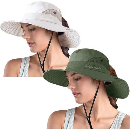 Packable Wide Brim Sun Hat With Adjustable Fit And Ponytail Opening - USA Fish Bait