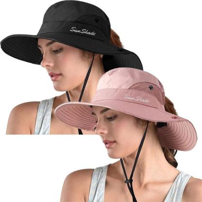 Packable Wide Brim Sun Hat With Adjustable Fit And Ponytail Opening - USA Fish Bait