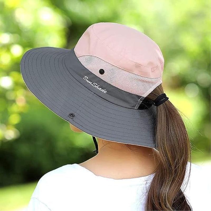 Wide Brim Sun Hat With Ponytail Opening And Adjustable Fit - USA Fish Bait
