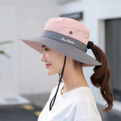 Packable Wide Brim Sun Hat With Adjustable Fit And Ponytail Opening - USA Fish Bait
