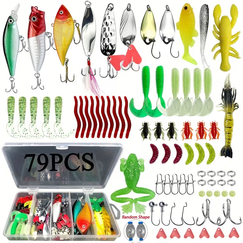Randomly Shaped Lead Weights, 30/79/84/93/106/283pcs of Fishing Lures for Topwater Fishing, Tackle Kit for Bass, Trout, And Salmon, Including a Lure Kit Box with Minnow Poppers, Spoon Lures, Soft Plastic Worms, Bait Rigs, And Jig Heads