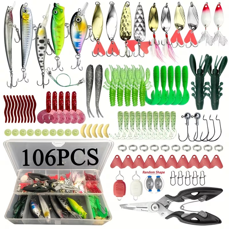 Randomly Shaped Lead Weights, 30/79/84/93/106/283pcs of Fishing Lures for Topwater Fishing, Tackle Kit for Bass, Trout, And Salmon, Including a Lure Kit Box with Minnow Poppers, Spoon Lures, Soft Plastic Worms, Bait Rigs, And Jig Heads