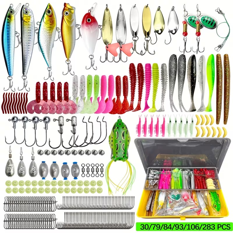 Randomly Shaped Lead Weights, 30/79/84/93/106/283pcs of Fishing Lures for Topwater Fishing, Tackle Kit for Bass, Trout, And Salmon, Including a Lure Kit Box with Minnow Poppers, Spoon Lures, Soft Plastic Worms, Bait Rigs, And Jig Heads