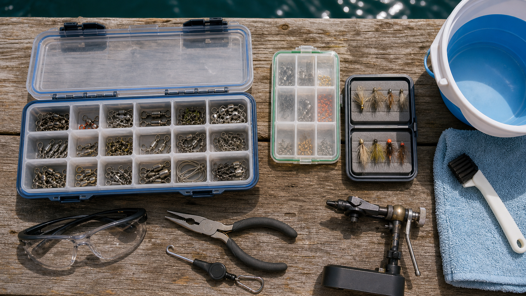 Organized tackle boxes, swivels, fly box, rotary vise, pliers, safety glasses, brush, towel and rinse bucket on a dock