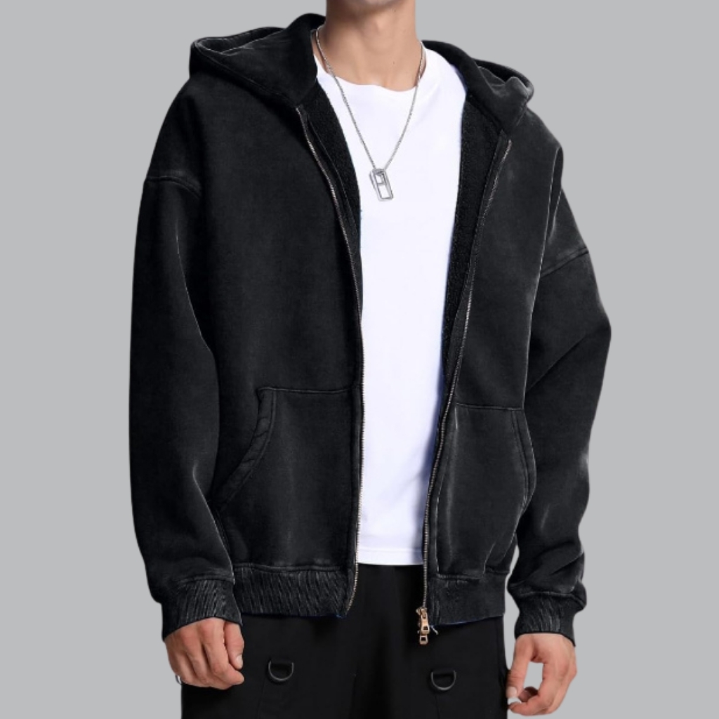 Double Zip Up Hoodie Oversized Acid Wash Heavyweight Fleece Cotton Zipper Hoodie