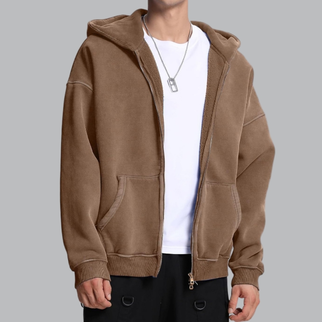 Double Zip Up Hoodie Oversized Acid Wash Heavyweight Fleece Cotton Zipper Hoodie