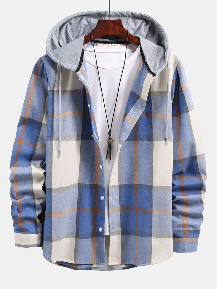 Button Up Contrast Hoodie Plaid Shirt-Vacay Outfit