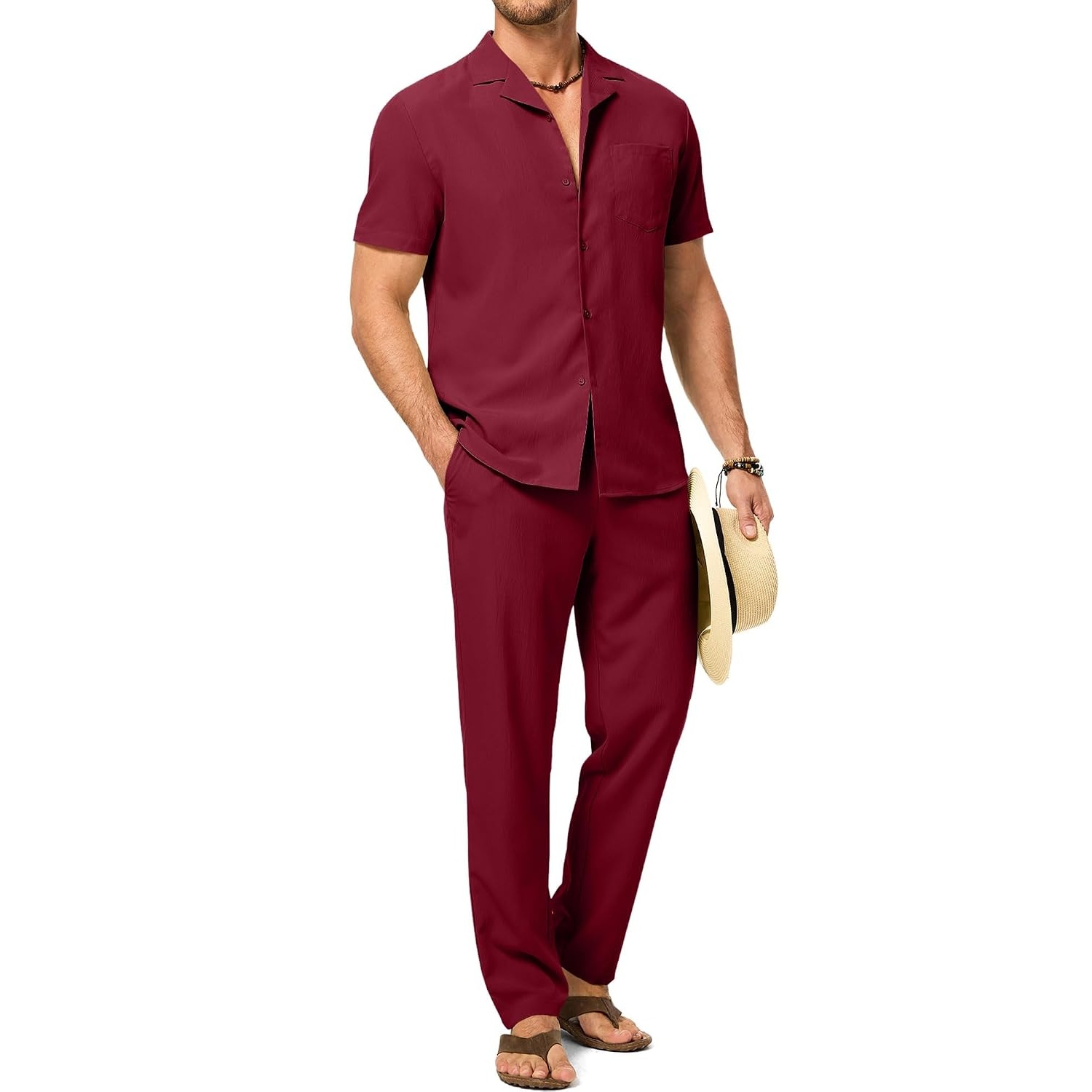 Casual Beach Short Sleeve Shirt And Pant Set For Men