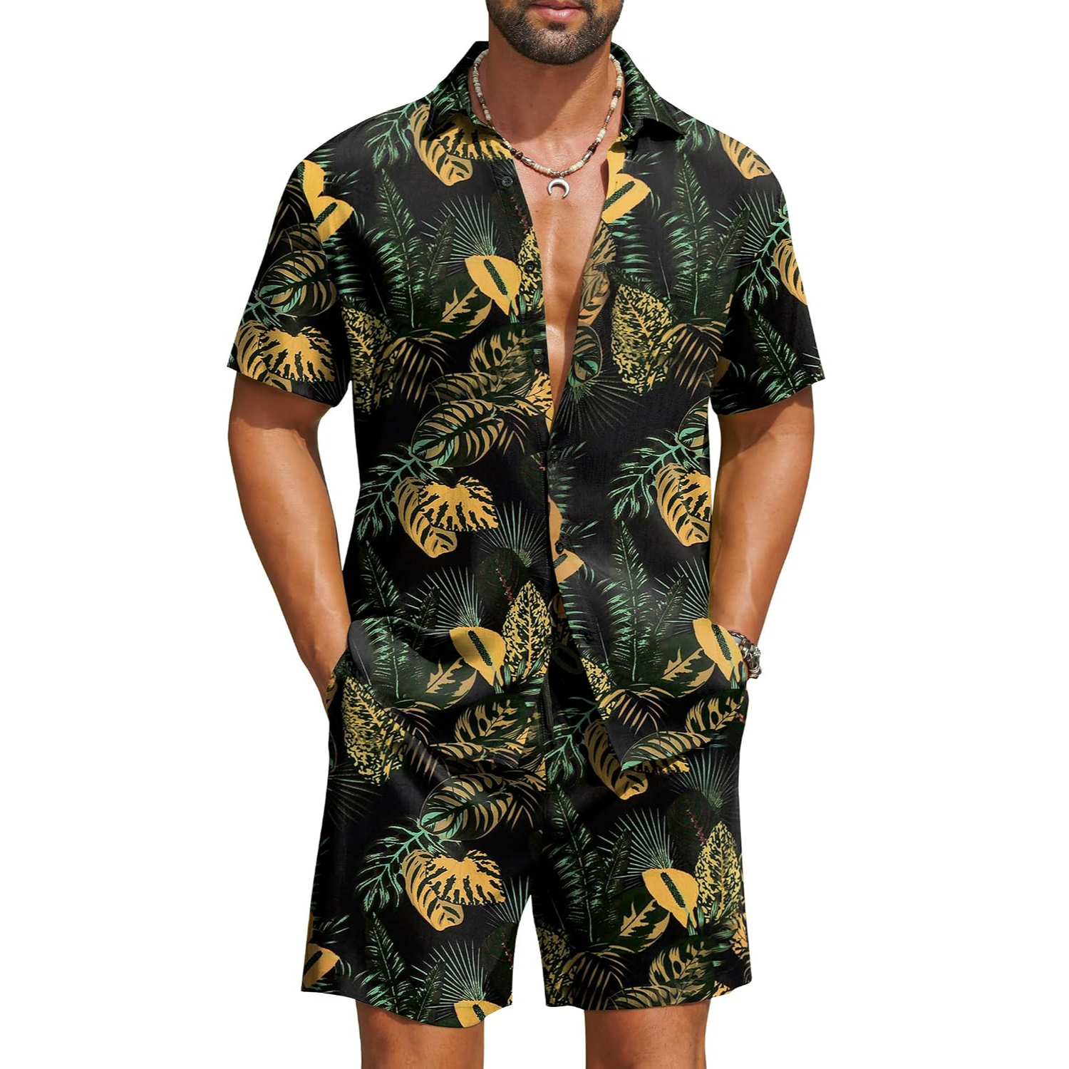 2 Pieces Hawaiian Vacation Button Down Shirt And Short Matching Outfit Set For Men