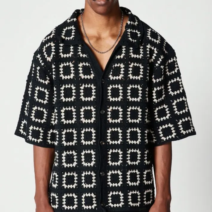  Men's Dark Green Colorblock Knit Short-Sleeve T-Shirt with All Over Print Loose Fit Casual Vacation Wear Tops Button Up