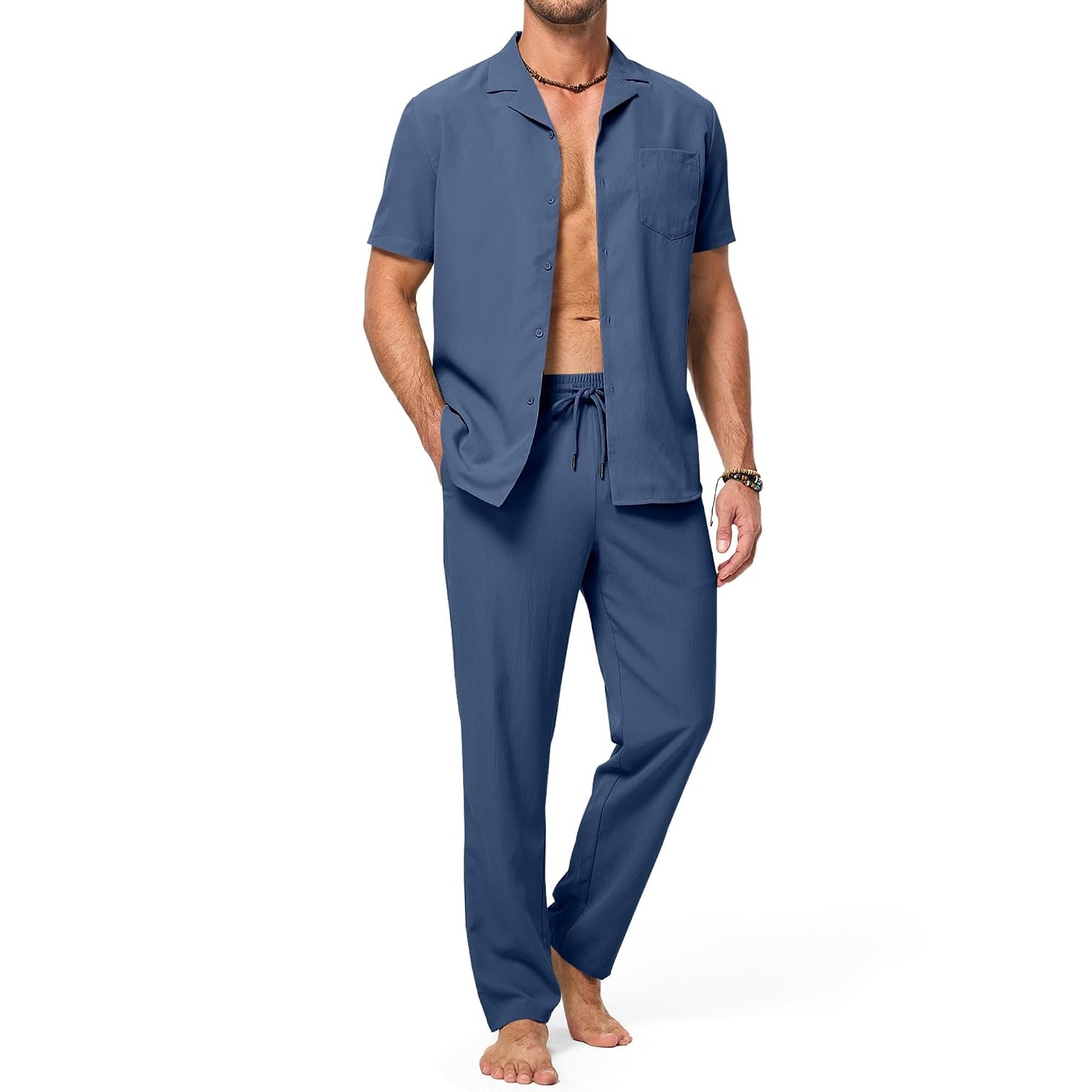 Casual Beach Short Sleeve Shirt And Pant Set For Men