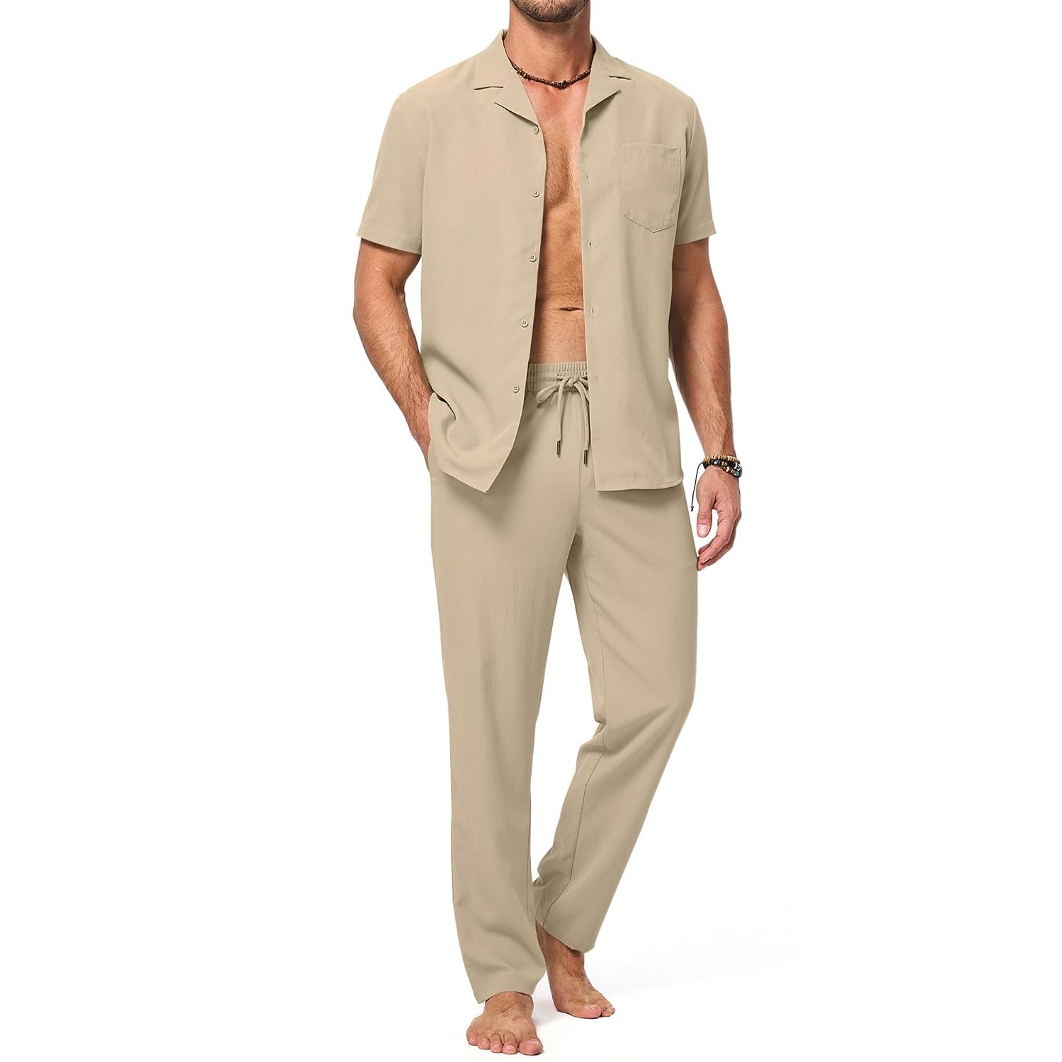 Casual Beach Short Sleeve Shirt And Pant Set For Men